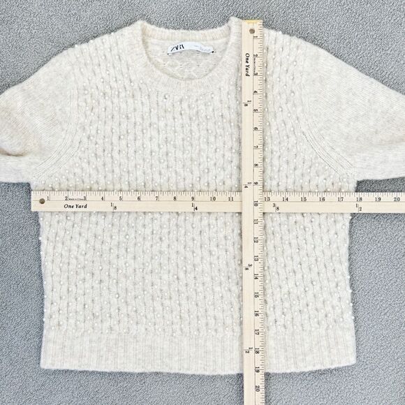 Zara Pearl Embellished Wool Blend Pullover Crop Sweater Beige Large - Picture 13 of 14
